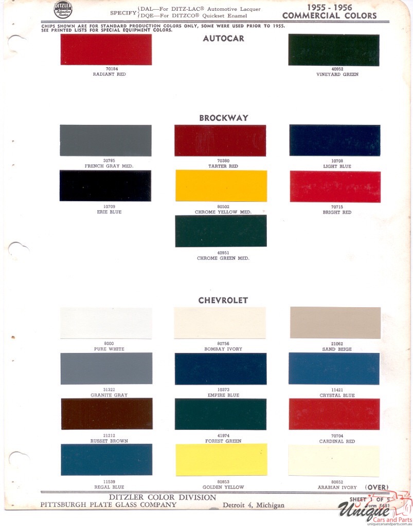 1955 General Motors Fleet Paint Charts PPG 1